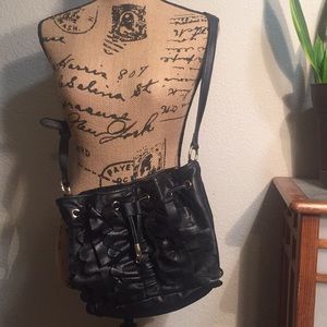 NWOT! Long-strap, black, leather, ruffled purse